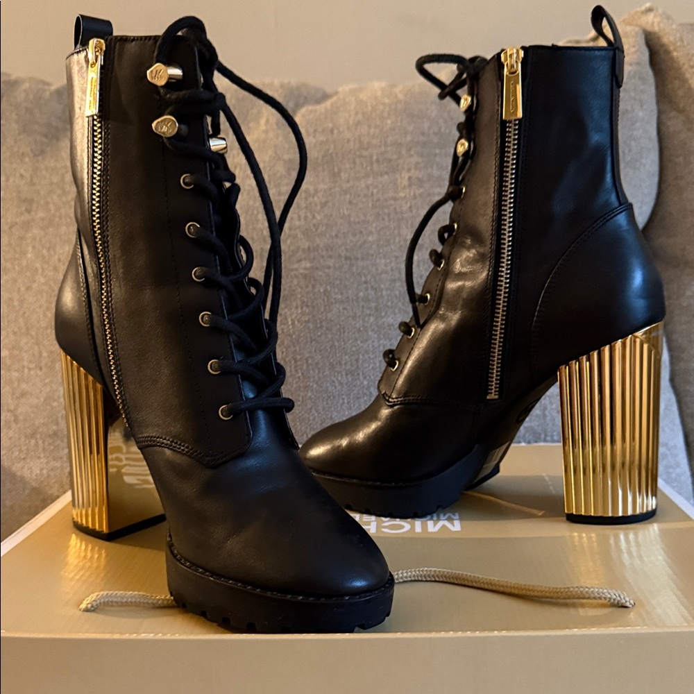 Michael Kors Black and Gold Lace Up Boots